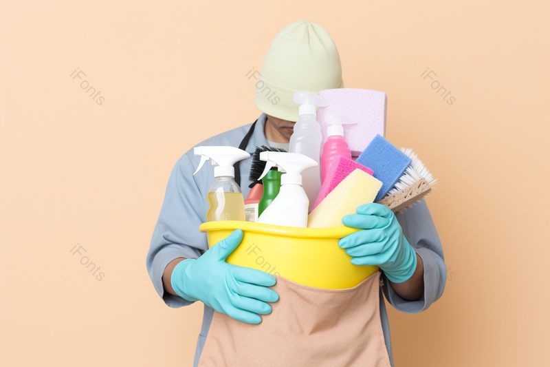 手捧清洁用品的男性家政服务工作人员,高清,摄影图,摄影图片,图片大全,摄影图免费下载
